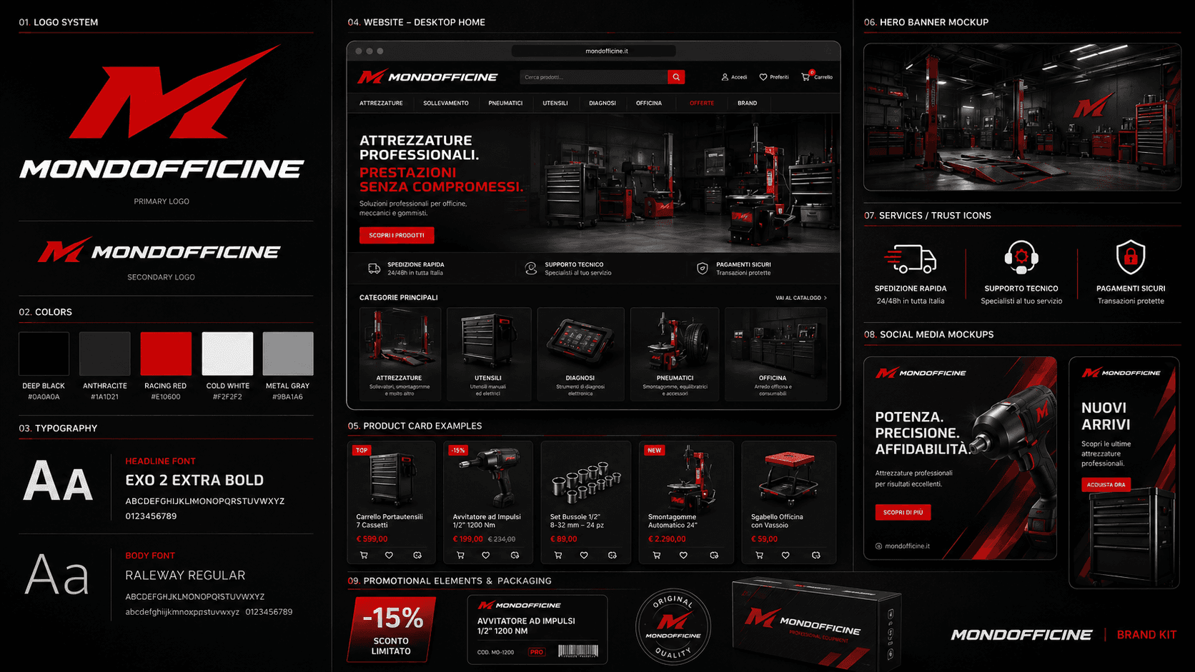 Brand kit completo MONDOFFICINE: logo system, colori, tipografia e mockup del sito
