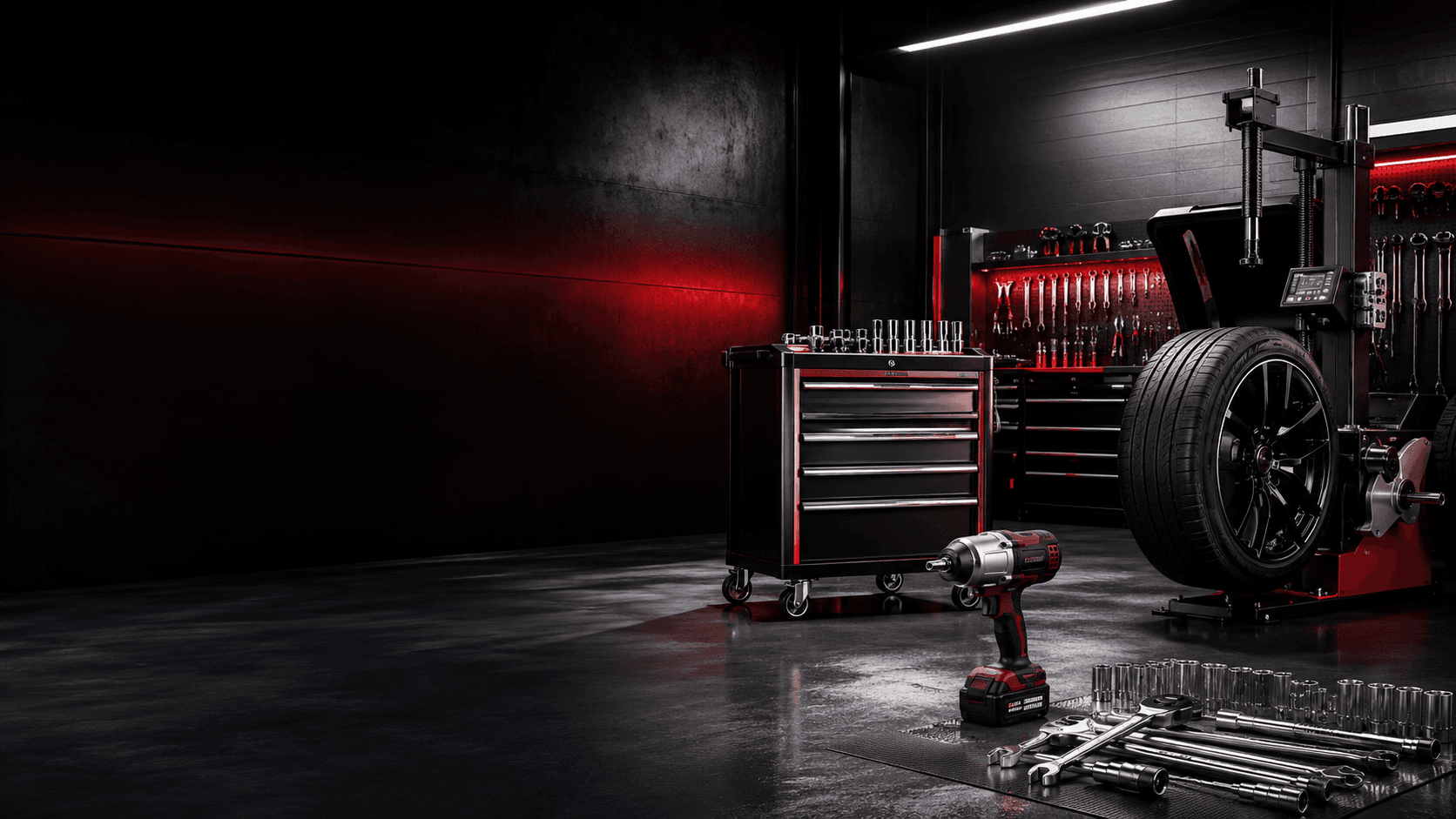 Officina MONDOFFICINE con carrello portautensili e attrezzature professionali